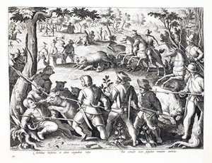 Caza de osos con perros y lanzas, ilustración de 